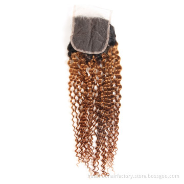Vietnamese Afro Kinky Curl Virgin Human Hair Bleached Knots 1B 30 Ombre Color Lace 4x4 Closure